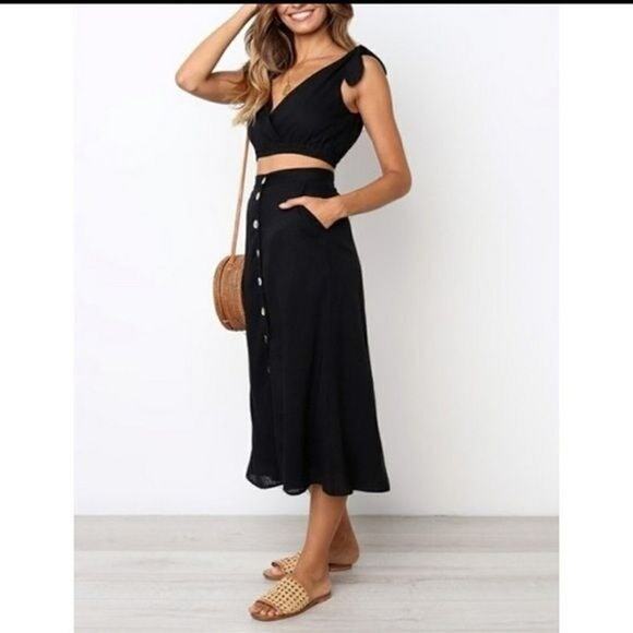 Black Midi Skirt & Crop Top Set by Laklook Size L NWT 2 Piece Outfit - Picture 2 of 11